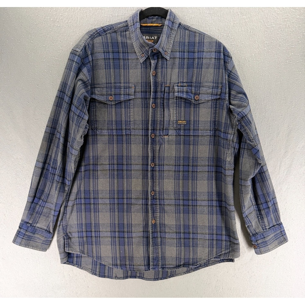 Ariat Shirt Mens M Gray Blue Rebar Flannel DuraStretch Work Zip Pocket Stretch